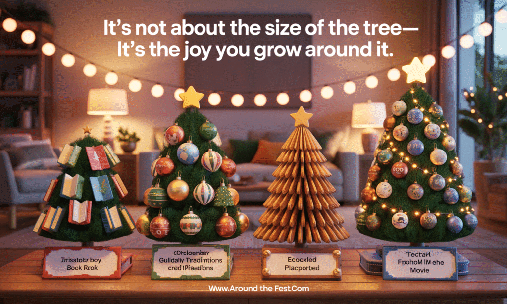 A charming display of 5–10 small decorated Christmas trees in a community space, each with a different theme, showcasing personalized, eco-friendly holiday decor.