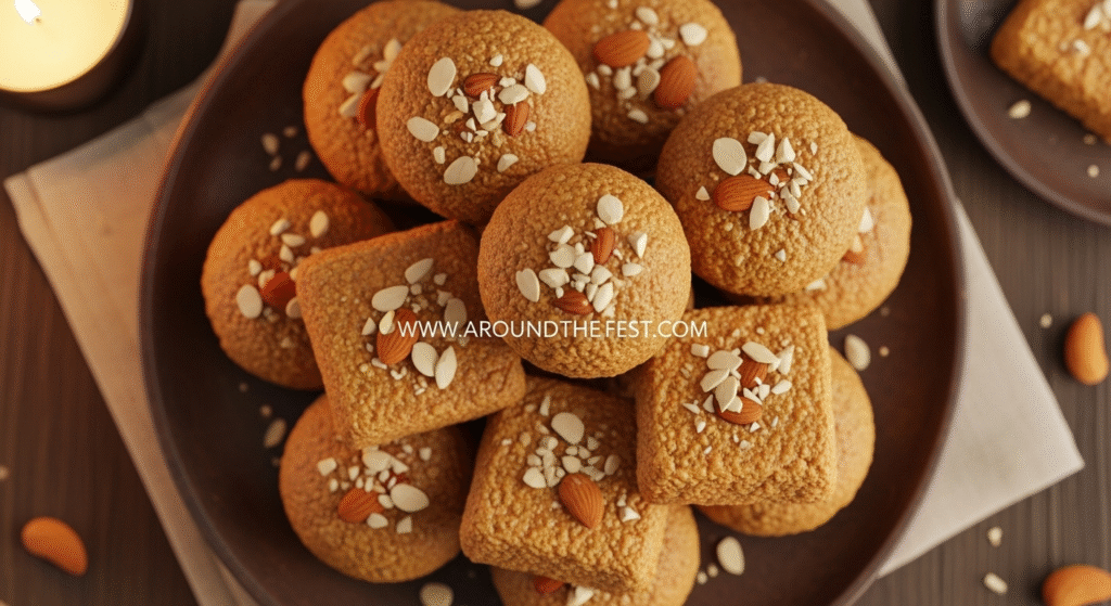 Golden Pinni, Punjabi winter sweets made from roasted wheat flour, jaggery, ghee, and chopped nuts, shaped into balls and squares on a rustic plate, styled for festive Indian dessert photography.”