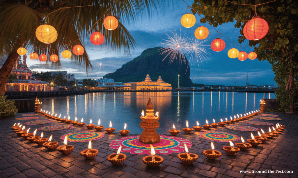 glowing diyas, lanterns, detailed rangoli, illuminated temples, subtle fireworks, tropical festive atmosphere, no humans present."