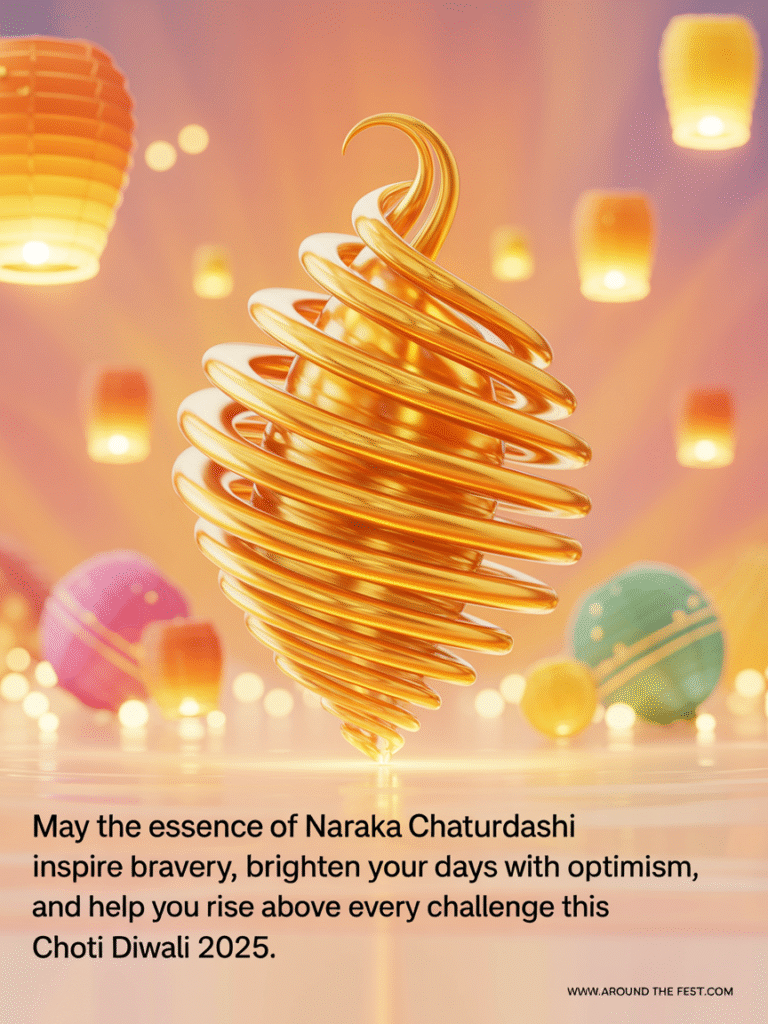 Abstract spiraling golden light surrounded by soft festive colors, representing positive energy, optimism, and bravery for Choti Diwali 2025."