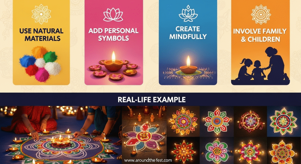Photorealistic infographic illustrating Diwali 2025 Rangoli tips: eco-friendly materials, spiritual symbols, mindful creation, family participation, and community competition.”