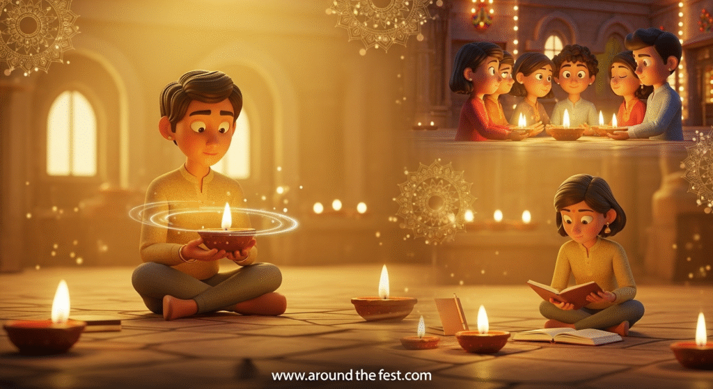 “People practicing meditation, journaling, and community diya lighting during Diwali 2025, highlighting mindfulness, inner light, unity, and spiritual growth.”