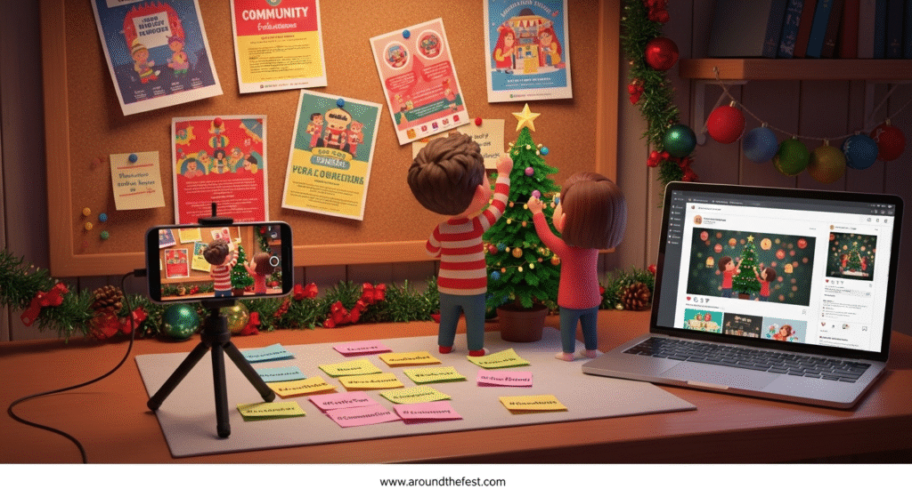 A cozy holiday workspace shows printed flyers, a tripod-mounted phone recording tree decorating, and a laptop previewing a festive social media post. Hashtags and social media tools are visible, representing how to promote a Mini Festival of Trees event effectively.