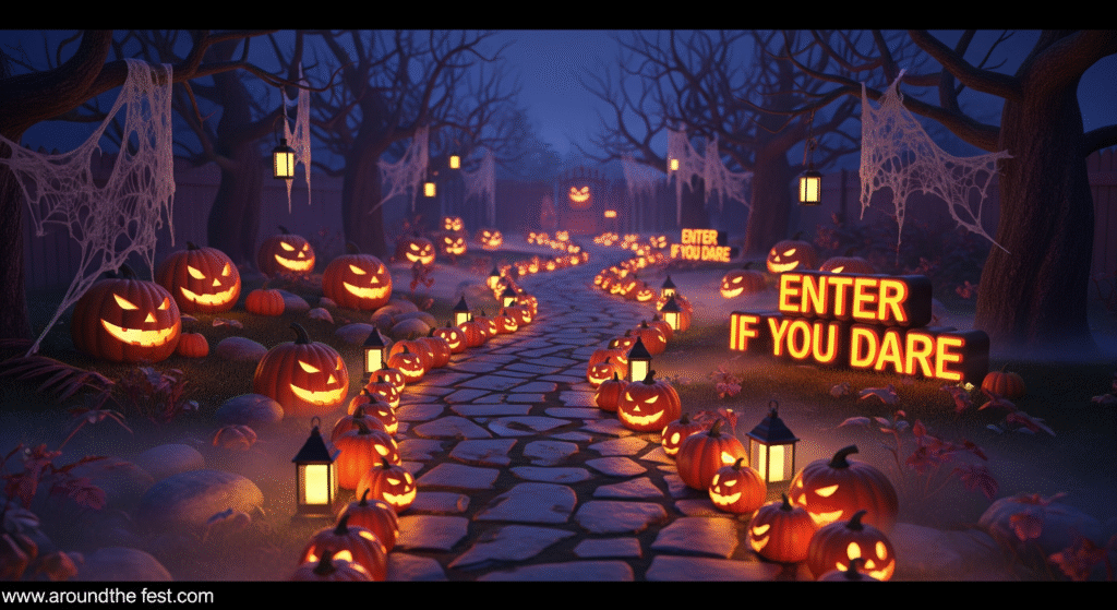 Halloween 2025 glowing pumpkin walkway with LED pumpkins, lanterns, and fog for a mysterious and immersive outdoor entrance.”