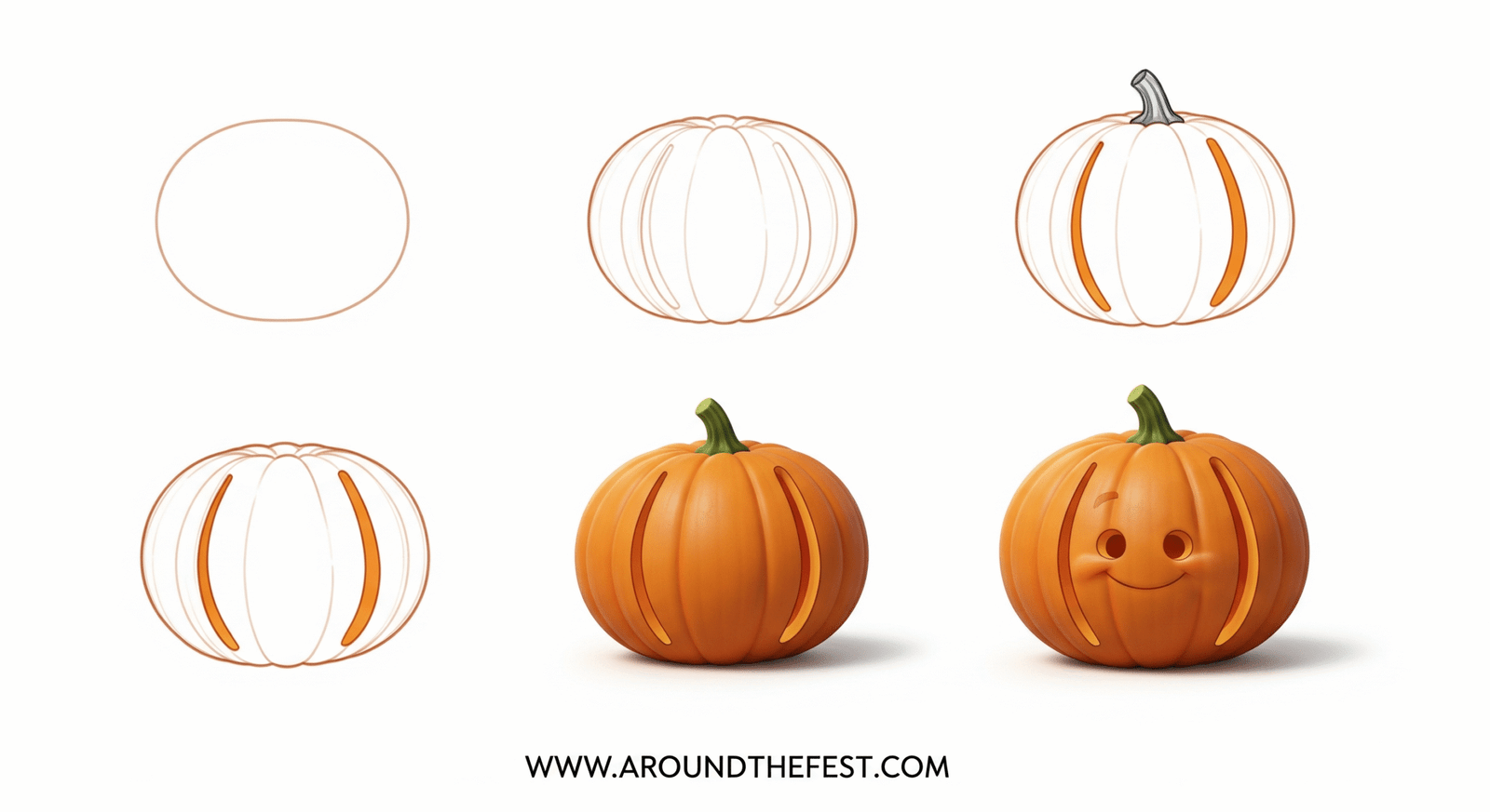 “Pumpkin sketch showing vertical curved ridges for step 2 of drawing tutorial”