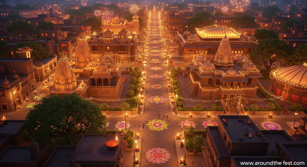 illuminated temples, clay lamps, rangoli, and evening fireworks, showcasing cultural and spiritual celebrations, no humans present."