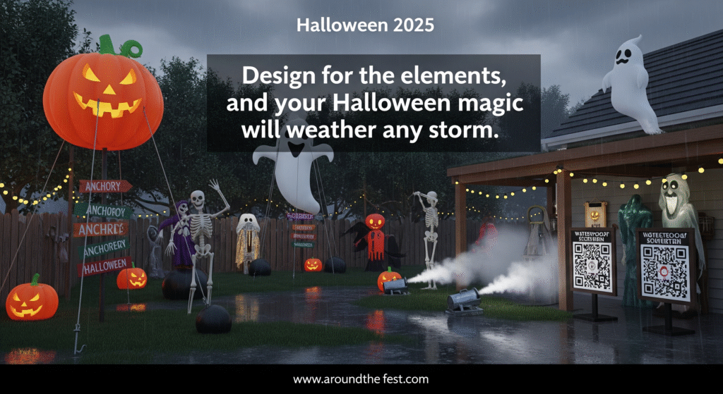  outdoor display in rainy, windy conditions featuring tethered inflatables, waterproof lights, anchored props, and motion-activated interactive elements.