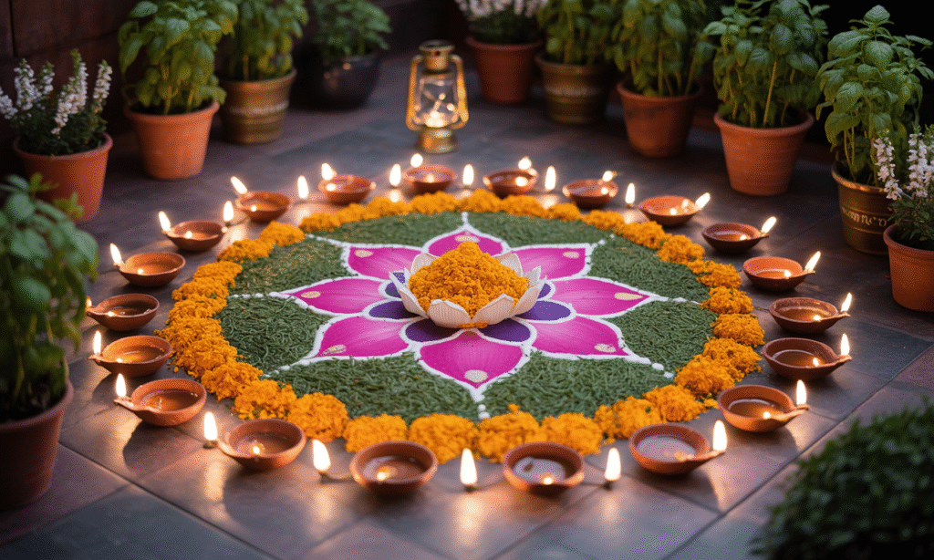 Ultra-realistic illustration of a noise-free and eco-friendly with natural rangoli, clay diyas, solar lanterns, and potted plant gifts, highlighting sustainable and mindful celebrations."