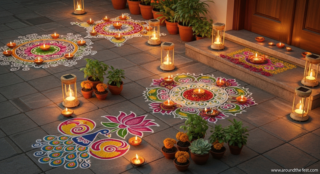 Ultra-realistic illustration of a noise-free and eco-friendly with natural rangoli, clay diyas, solar lanterns, and potted plant gifts, highlighting sustainable and mindful celebrations."
