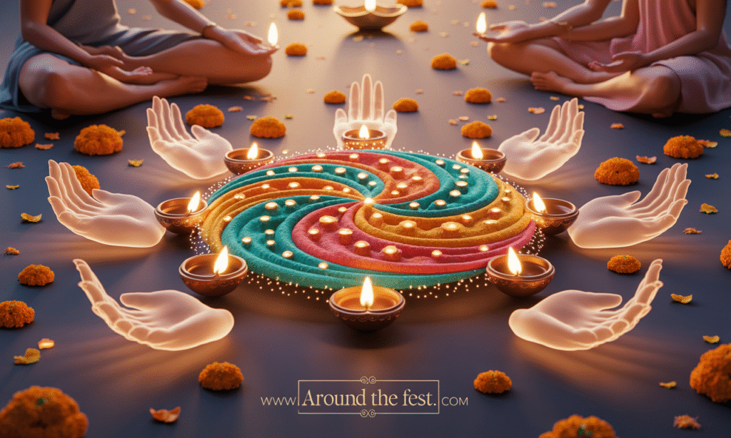 "Ethereal Diwali illustration showing glowing, floating rangoli patterns created by hands, with beams of light, diyas, and marigold petals, symbolizing meditation, mindfulness, spiritual energy, and communal harmony."