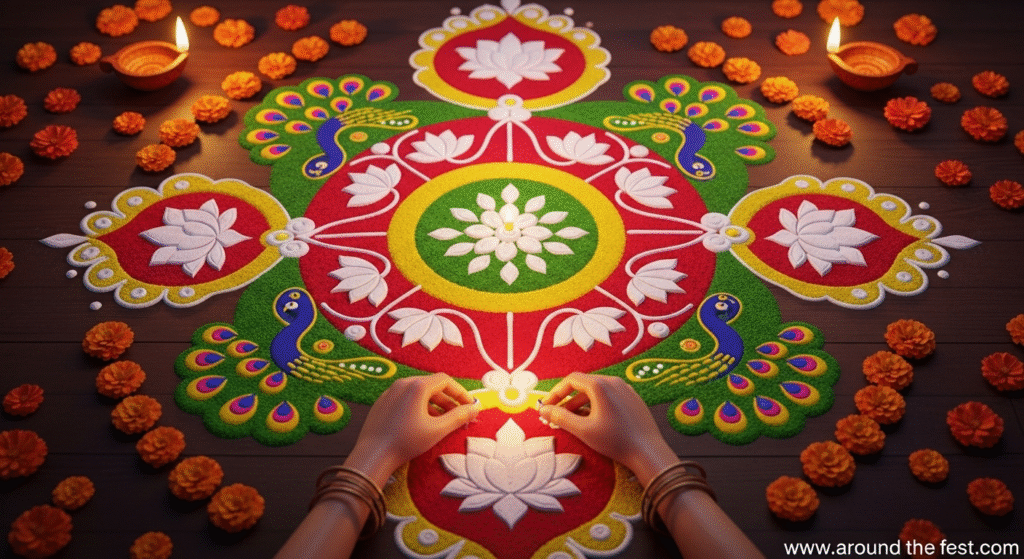 "Intricate Diwali rangoli with circular, lotus, and peacock patterns in red, yellow, green, and white, symbolizing strength, wisdom, growth, purity, and cosmic harmony, with hands creating the design in a meditative, festive setting."