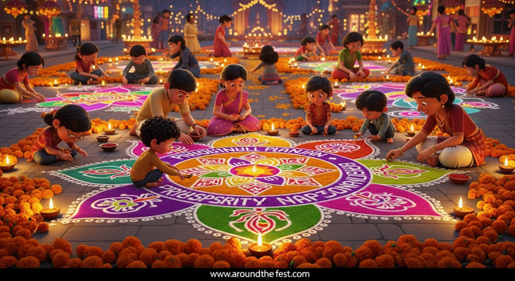 Eco-friendly Diwali rangoli made with rice flour, turmeric, and flower petals, featuring spiritual symbols, with children and families creating designs together, surrounded by diyas and marigolds, celebrating tradition, environmental harmony, and community joy."