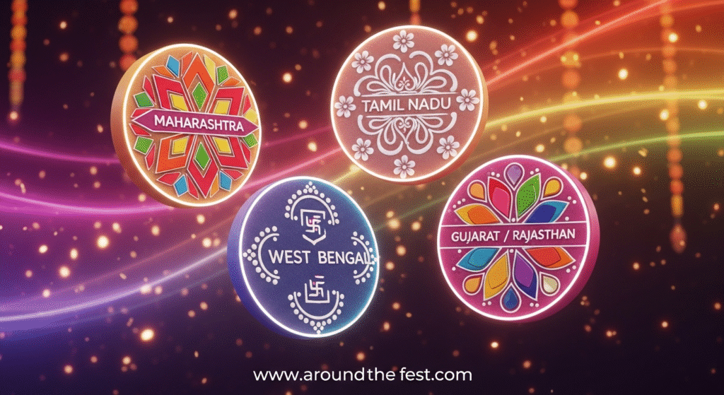 Abstract illustration showing regional Diwali rangoli: Maharashtra geometric and floral patterns, Tamil Nadu white Kolam designs, West Bengal Alpana motifs, Gujarat/Rajasthan colorful intricate patterns, with glowing lights and festive symbolism representing prosperity and divine blessings."