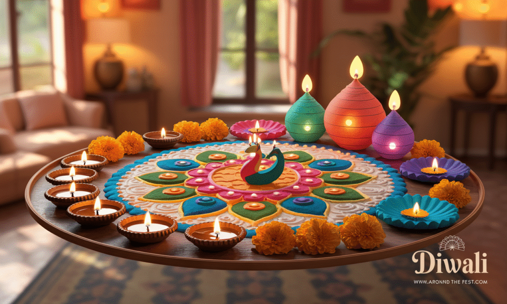 DIY decoration ideas including colorful rangoli, handmade lanterns, floating diyas in water, and LED art installations with festive lighting."