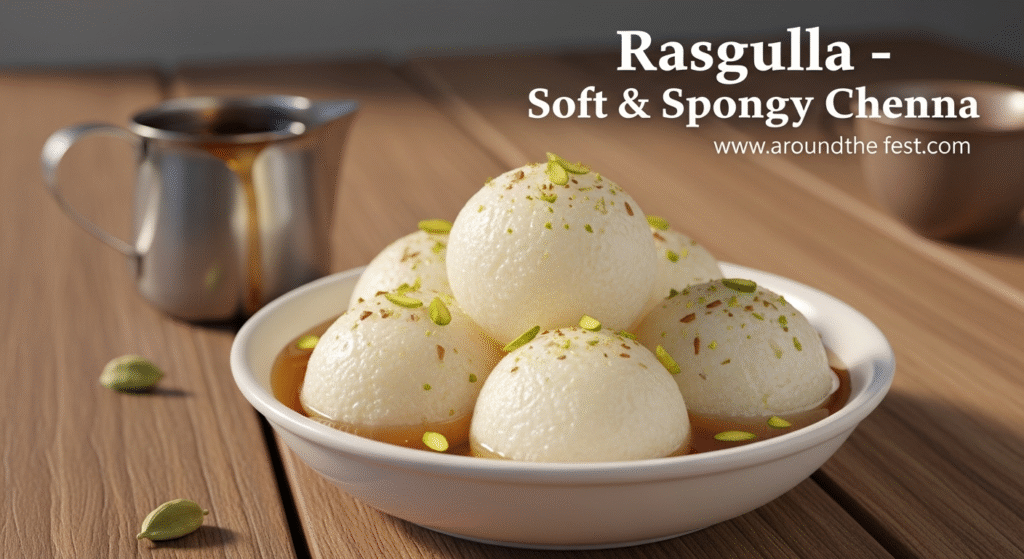 "Soft and spongy Rasgulla balls in sugar syrup, garnished with pistachios and cardamom. Traditional Indian chenna-based dessert, perfect for Diwali and festive celebrations."