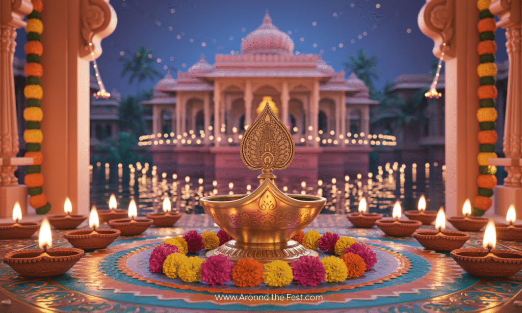 “Regional Diwali diya traditions of India – rows of clay diyas on North Indian courtyards, brass kuthuvilakku lamps in South Indian temples, floating diyas on rivers in Bengal and Odisha, and colorful Gujarati rangoli with diyas.”