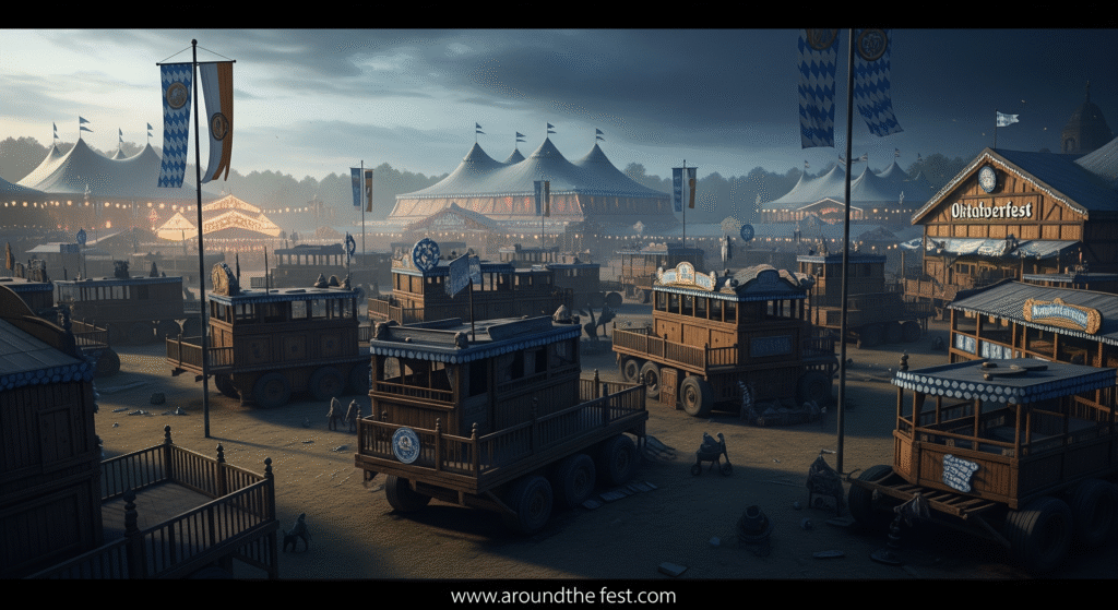 “Empty Oktoberfest festival grounds with abandoned beer tents and parade floats, symbolizing pauses during wars and epidemics, highlighting the resilience and cultural significance of the festival.”