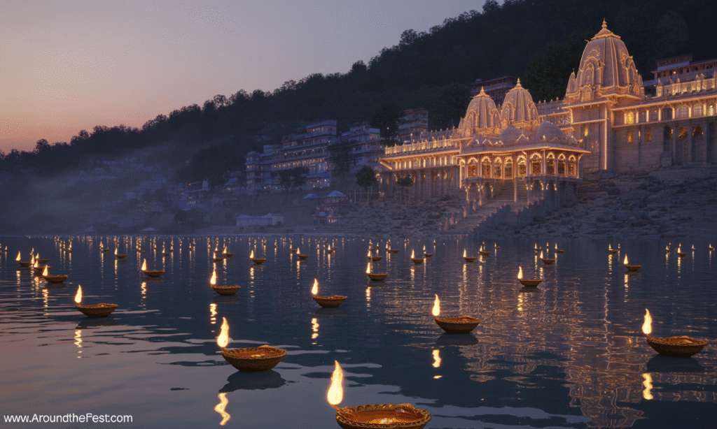 Rishikesh Diwali 2025 with floating diyas on the Ganges, illuminated temples and ghats, serene reflections, peaceful and spiritual ambiance, no humans present."