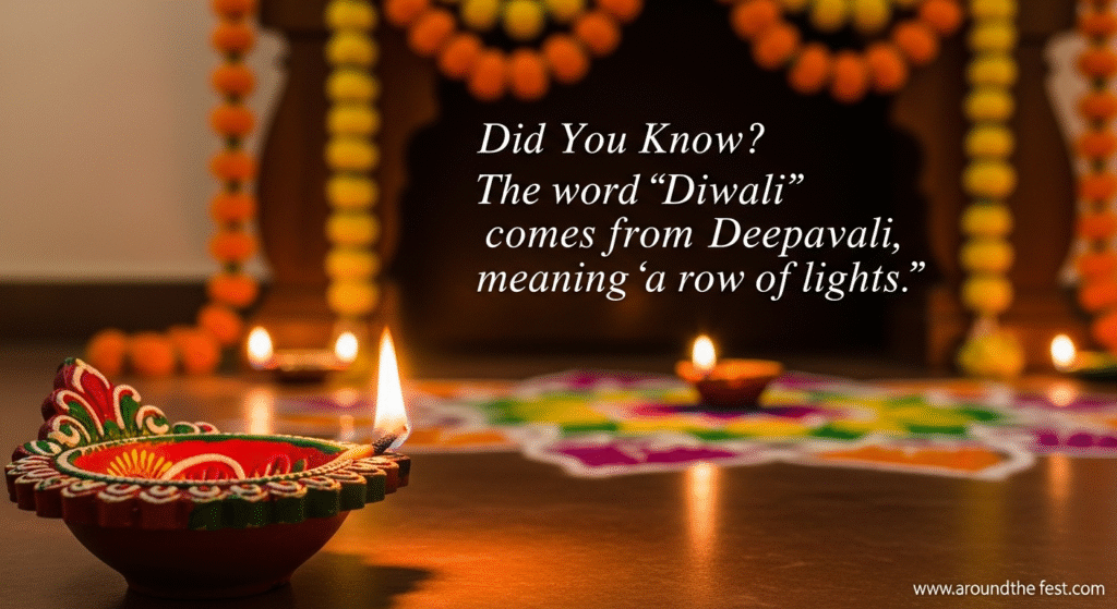 Learn the origin of the word 'Diwali'! Derived from 'Deepavali,' meaning 'a row of lights,' the festival celebrates light overcoming darkness with diyas, rangoli, and festive decorations.