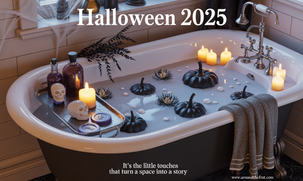 “Halloween 2025 bathroom décor with skull soaps, glowing potion bottles, themed hand towels, and moody gothic accents.”