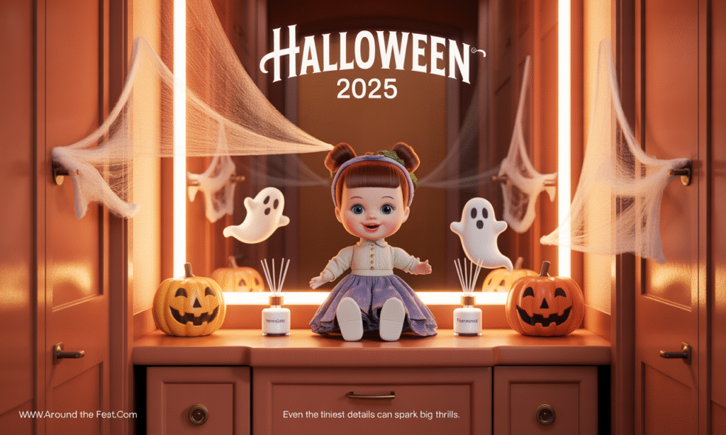 Halloween 2025 hallway with pumpkin spice scent diffusers, motion-activated spooky sounds, and ambient LED lights.”