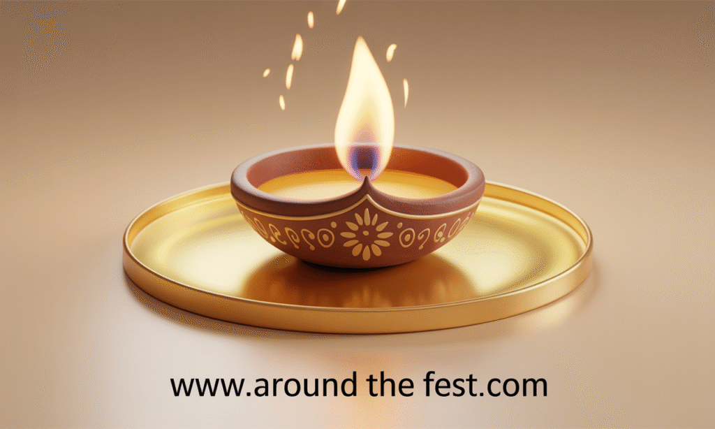 “Close-up of a clay diya burning with oil or ghee, cotton wick glowing, symbolizing inner energy, mindfulness, and spiritual purification during Diwali.”