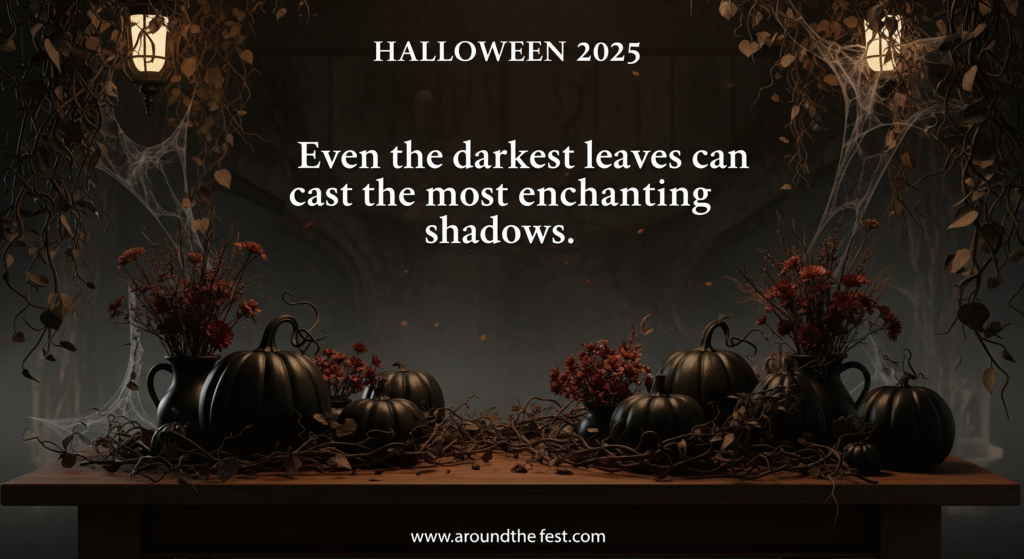 Gothic Halloween 2025 décor with black-painted pumpkins, dried floral arrangements, and eerie indoor vines creating a spooky and elegant atmosphere."