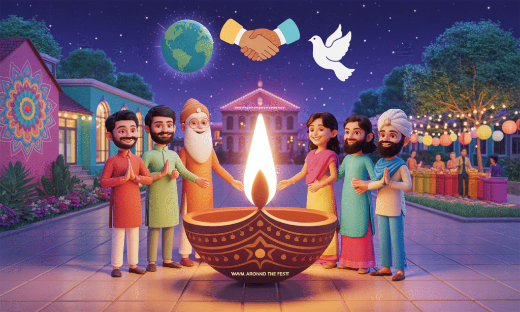 Secular and Interfaith Celebrations of Diwali 2025 — glowing diya surrounded by diverse schools, offices, and community spaces with rangoli and lanterns, people of different faiths celebrating together, symbolizing hope, renewal, unity, and shared joy."
