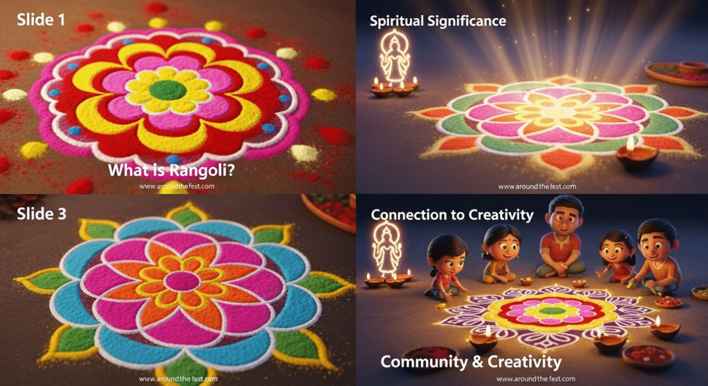 "Infographic showing the spiritual meaning of Diwali through rangoli and colors: what rangoli is, its significance in inviting divine energies, connection to Goddess Lakshmi for abundance, and how families and communities participate, decorated with diyas, marigolds, and bright festive colors."
