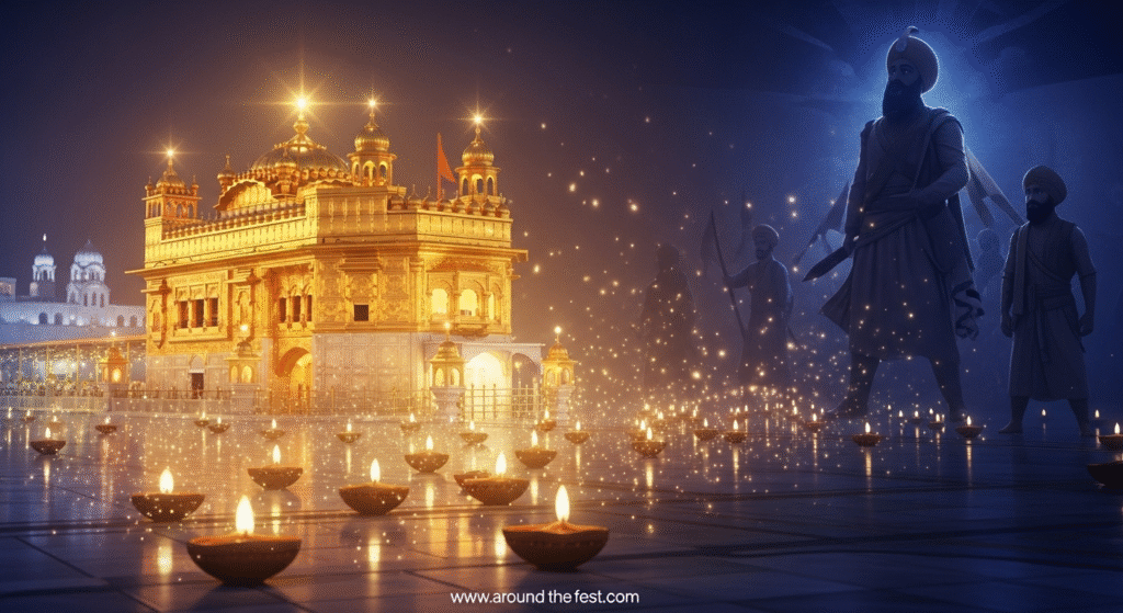illustration of the Golden Temple lit with lamps, symbolizing Guru Hargobind Ji’s release, freedom, justice, resilience, and the triumph of righteousness."