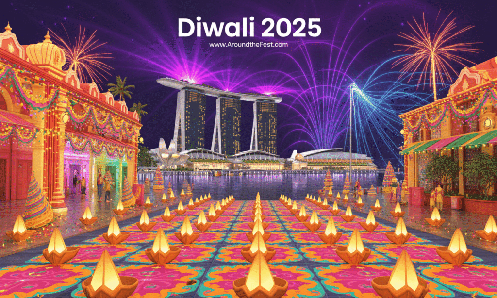 Little India streets and Marina Bay illuminated with lamps, rangoli, LED lights, laser displays, and fireworks, festive cultural atmosphere, no humans present."