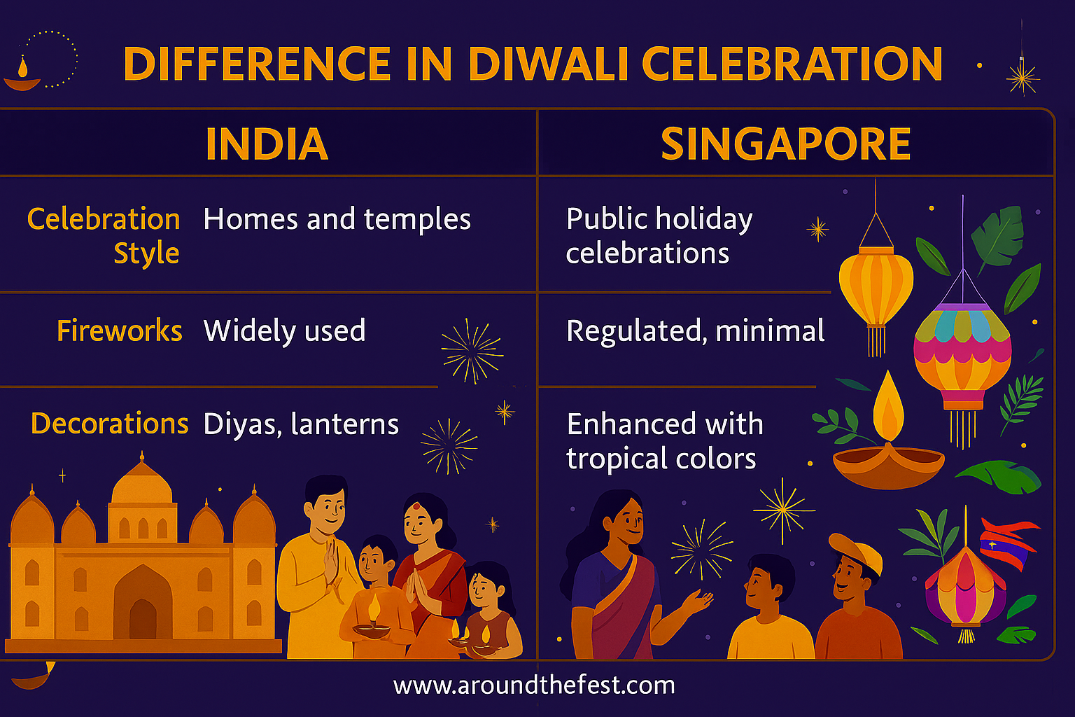 Diwali infographic comparing India and Singapore—celebration style, fireworks, and decorations with tropical and traditional visuals.