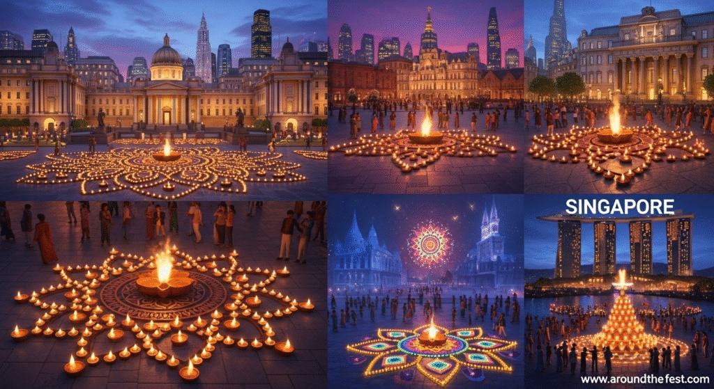 Global Diwali diya lighting events 2025 in London Trafalgar Square and Singapore, symbolizing unity, peace, and shared cultural connections.”
