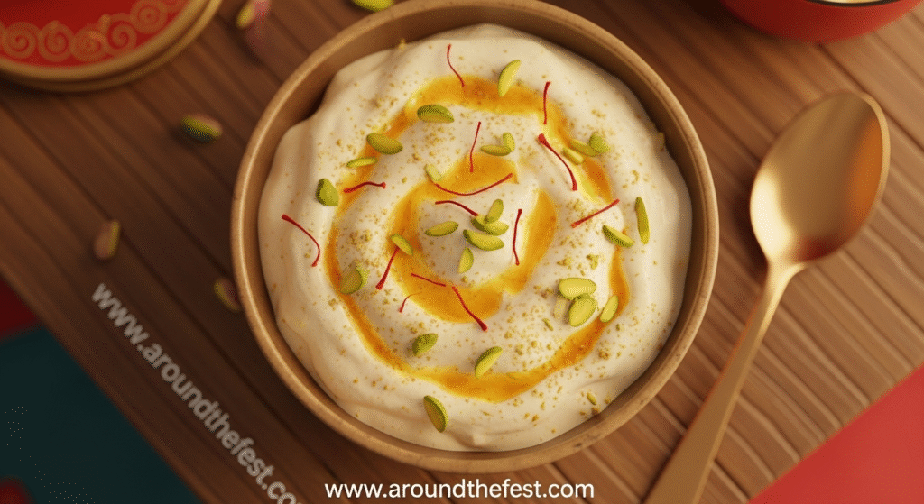 “Indulge in this velvety Shrikhand recipe – saffron and cardamom-flavored hung yogurt dessert, garnished with pistachios. Perfect for Diwali, Ganesh Chaturthi, or any festive occasion, this cooling sweet balances rich flavors with a refreshing touch.”