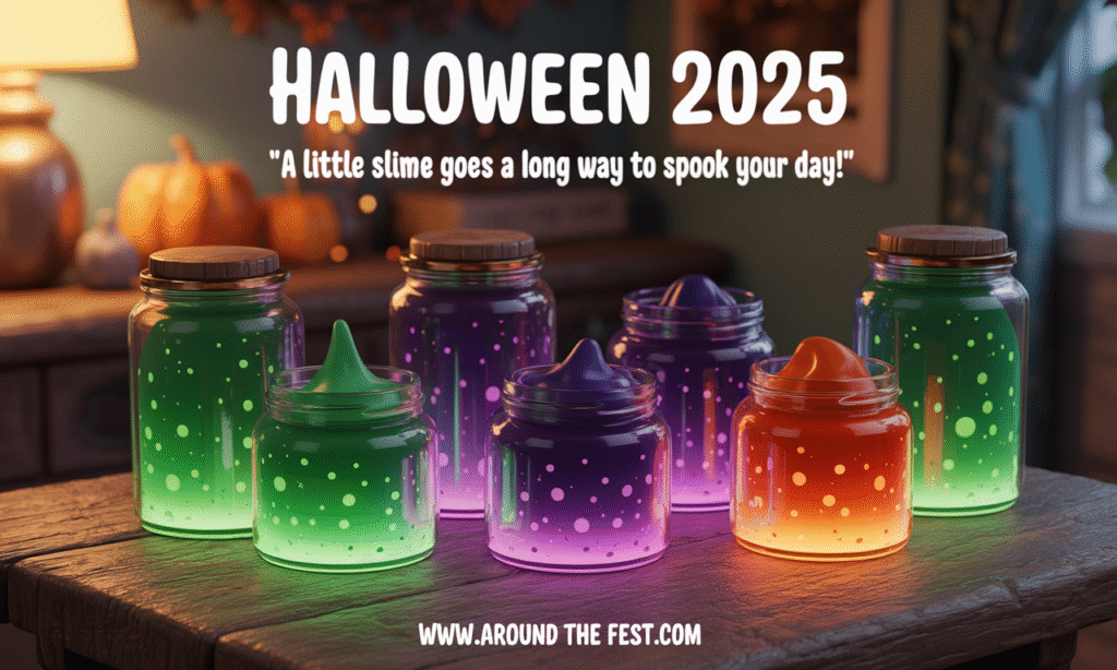 "Jars of glowing green, purple, and orange slime on a Halloween 2025 tabletop, creating a spooky and playful accent. Quote: ‘A little slime goes a long way to spook your day!’"