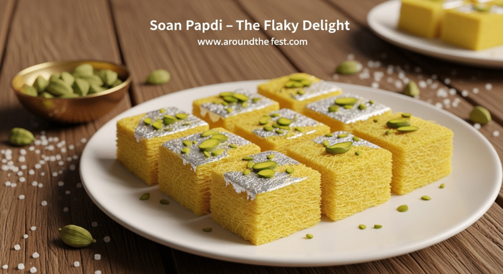 Flaky Soan Papdi squares served on a white plate, showing airy layers and delicate texture. Traditional Indian sweet made with gram flour, sugar, ghee, and cardamom, perfect for Diwali and festive celebrations."