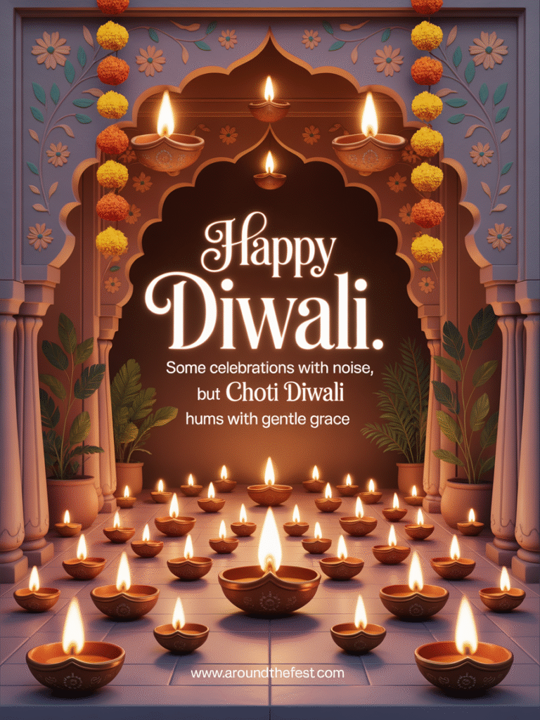  Elegant Choti Diwali 2025 celebration scene with softly glowing diyas, warm candlelight, and golden festive decorations, symbolizing quiet blessings and warmth.
