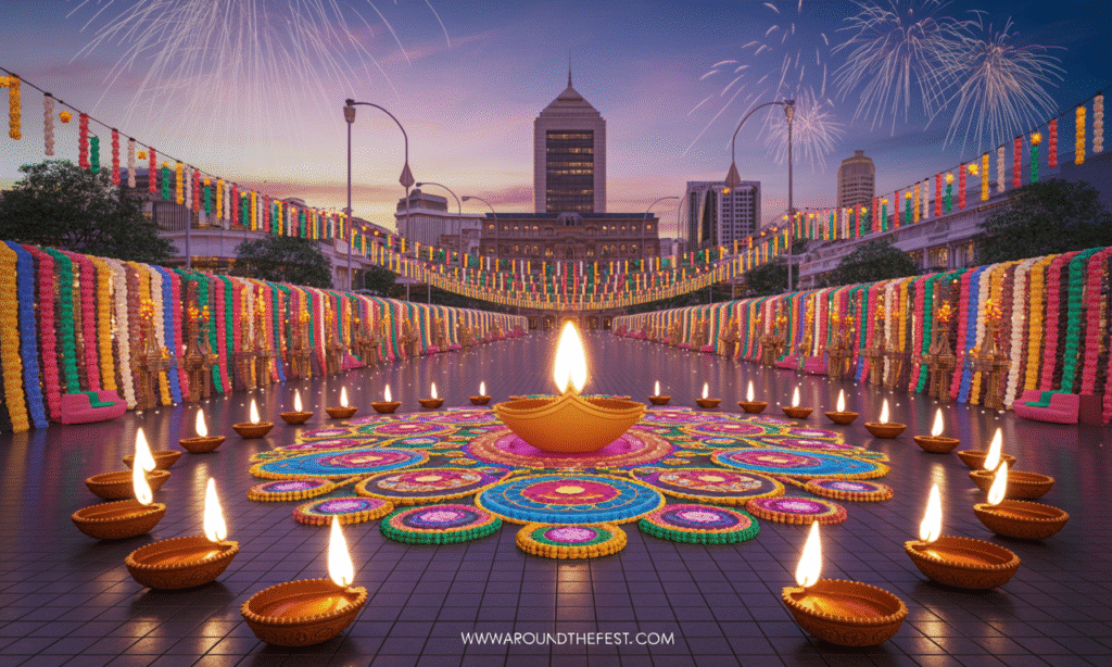 "Johannesburg Diwali 2025 with streets and community spaces lit by diyas and lanterns, intricate rangoli, decorated market stalls, subtle fireworks, festive and serene urban atmosphere, no humans present."
