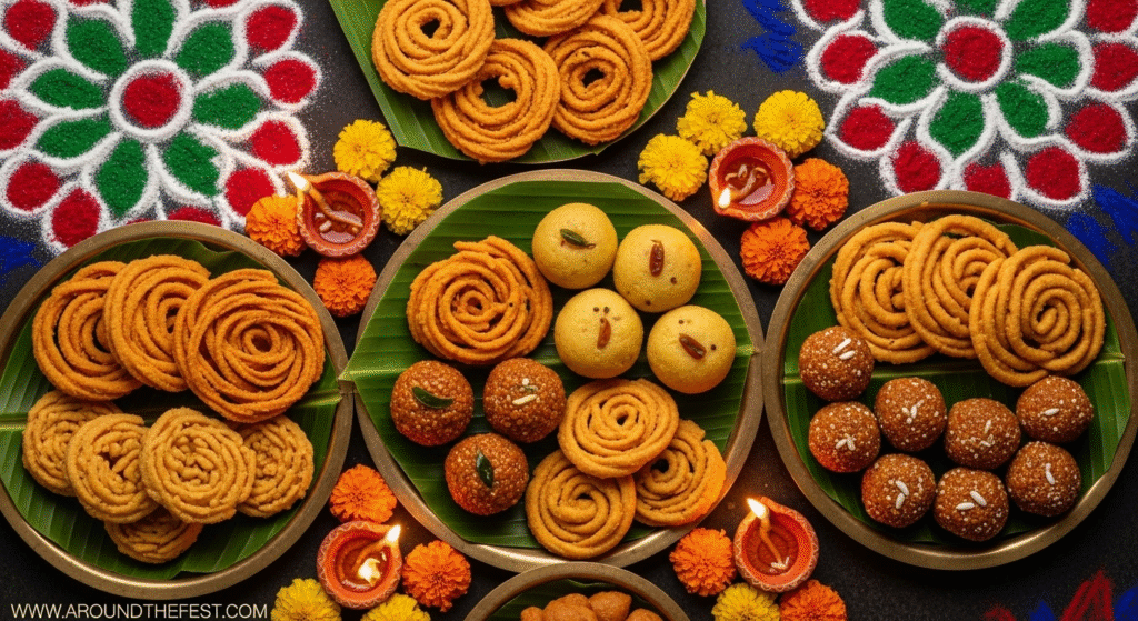 Ultra-realistic illustration of South Indian Diwali specialties including murukku, adhirasam, and jaggery-flavored laddus, decorated with diyas, marigold flowers, and rangoli patterns for a festive look."