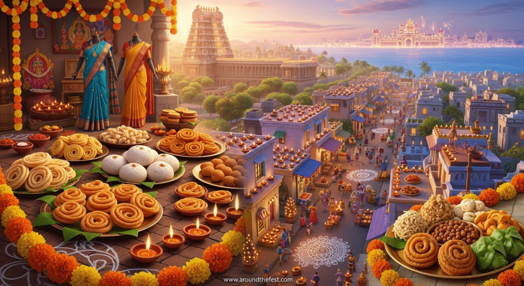 Ultra-realistic illustration of South India during Naraka Chaturdashi: ritual oil baths in Tamil Nadu, illuminated Mysuru Palace and Karnataka homes with diyas, and festive dishes in Andhra Pradesh, highlighting devotion, purification, and culinary celebrations."