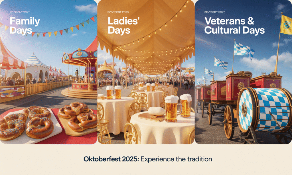 "Bird’s-eye human-free illustration of Oktoberfest 2025 special days: left section shows Family Days with rides, balloons, and pretzels; center section shows Ladies’ Days with beer mugs, cocktails, and festive tables; right section shows Veterans & Cultural Days with parade wagons, drums, and Bavarian flags; realistic and immersive style with golden highlights, vibrant colors, and panoramic festival layout."