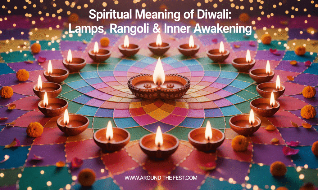 Diwali banner showing glowing diyas, intricate colorful rangoli, floating marigold and rose petals, and soft golden light beams, clearly depicting the spiritual meaning of Diwali and inner awakening.”