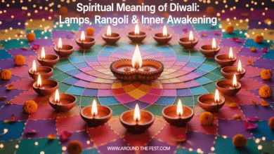 Diwali banner showing glowing diyas, intricate colorful rangoli, floating marigold and rose petals, and soft golden light beams, clearly depicting the spiritual meaning of Diwali and inner awakening.”