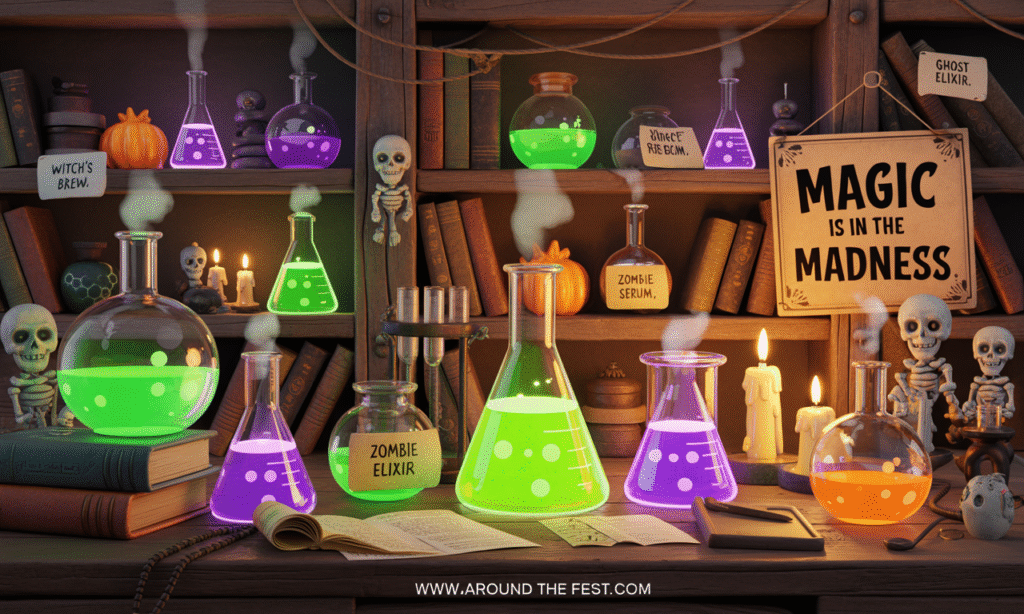 “Spooky 2025 Halloween science lab with glowing potion jars, bubbling beakers, fog effects, skeleton props, and a Halloween quote for a mystical party setup.”