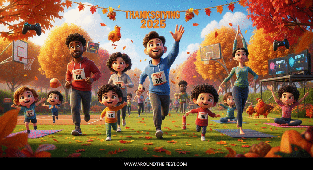  celebration with eco-friendly tableware, multicultural dishes, theme park parade, and travel elements in a warm autumn setting with families and friends.”