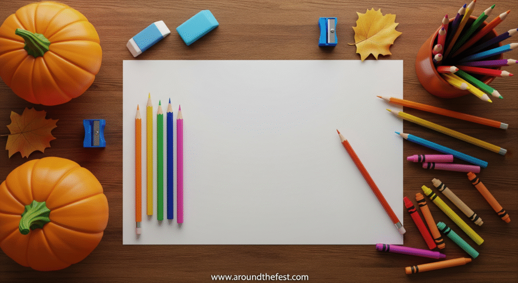 “Pencils, erasers, colored pencils, crayons, and drawing paper arranged for pumpkin drawing”