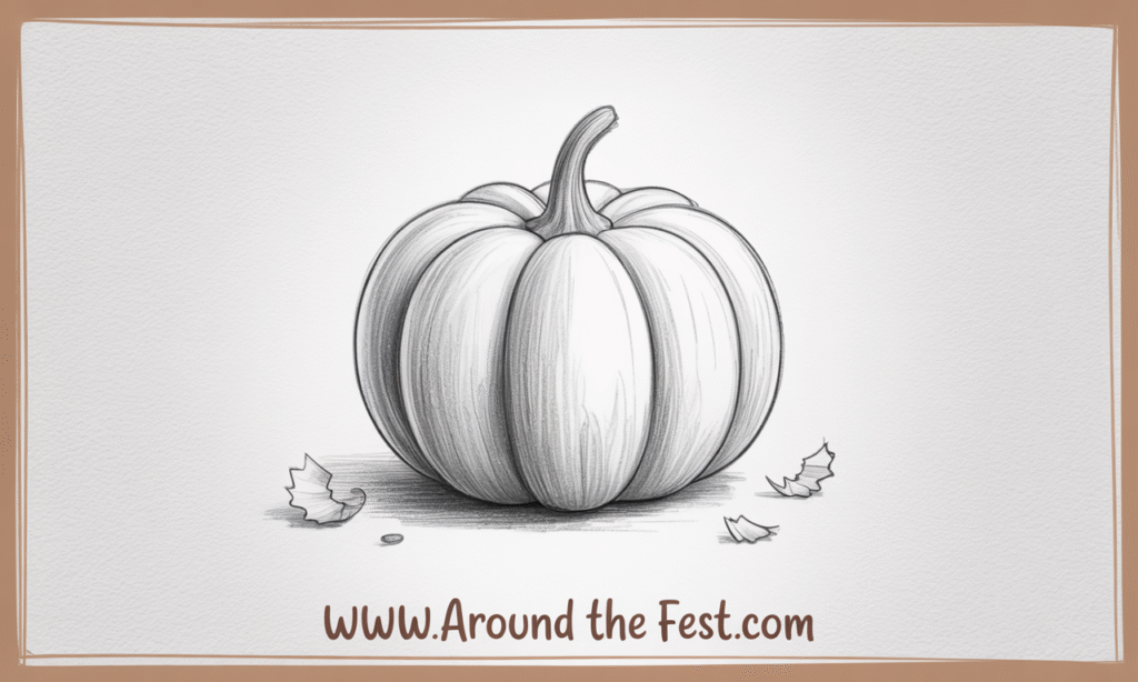 “Pumpkin sketch with vertical ridges on paper for beginners”