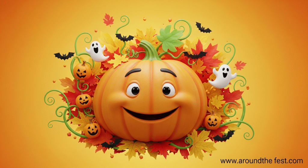 Pumpkin drawing with leaves, vines, and Halloween decorations for beginners”
