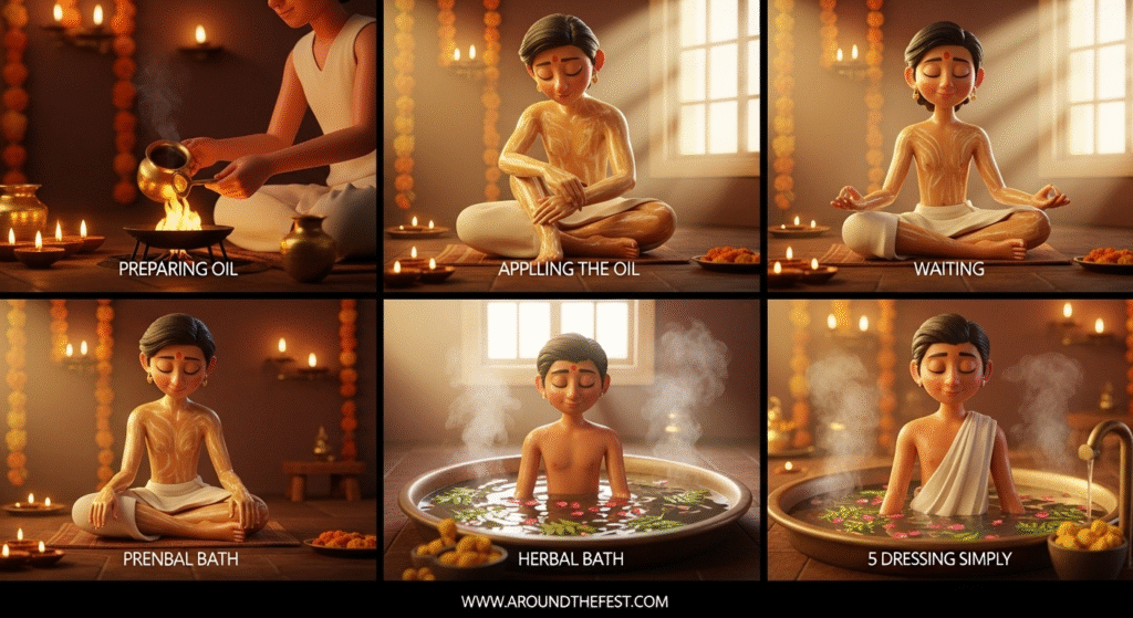 Step-by-step illustration of a traditional Diwali oil bath: warming and applying oil, meditating, bathing with herbal-infused water, and dressing in light-colored clothes, symbolizing physical, mental, and spiritual purification."