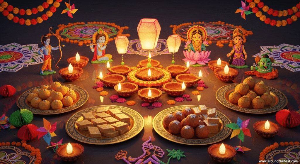 "Ultra-realistic illustration of Diwali showcasing glowing diyas, floating lanterns, vibrant rangoli, traditional sweets, and symbolic motifs of Diwali legends, highlighting the stories, fun facts, and eco-friendly celebration."